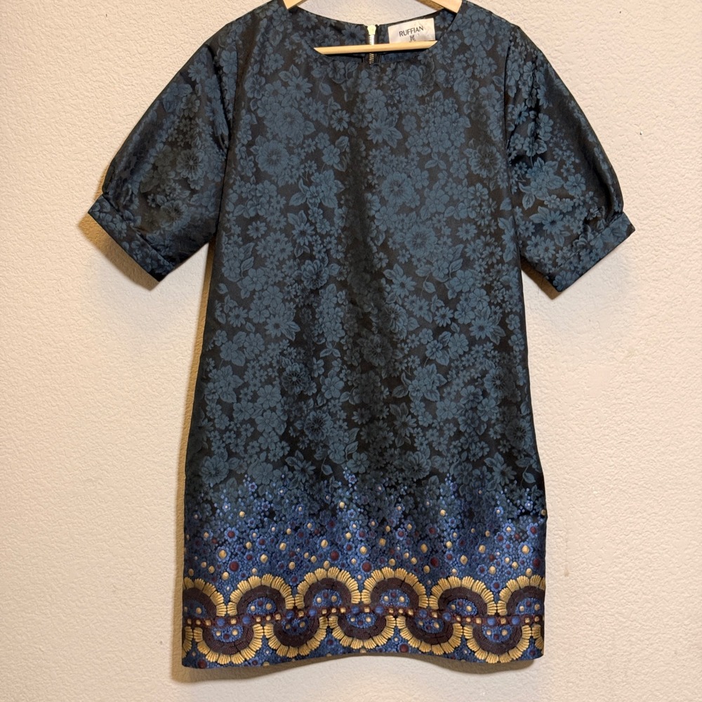 Ruffian Floral Jacquard Border Print Shift Dress Womens M Blue Metallic Mini